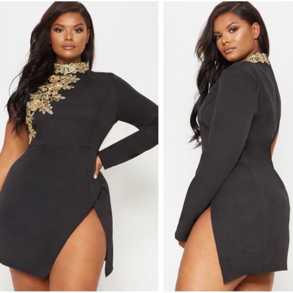 black asymmetric sleeve embroidered bodycon dress